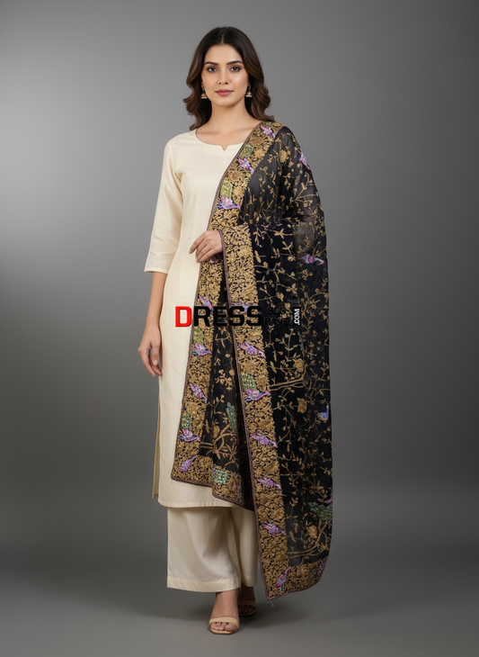 Pre-Order Midnight Blue Hand Embroidered Parsi Gara Dupatta