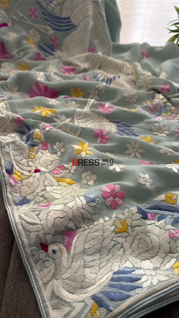 Mint Green Crepe Silk Parsi Gara Saree Parsi Gara Saree