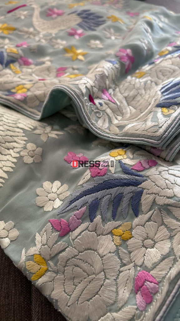 Mint Green Crepe Silk Parsi Gara Saree Parsi Gara Saree