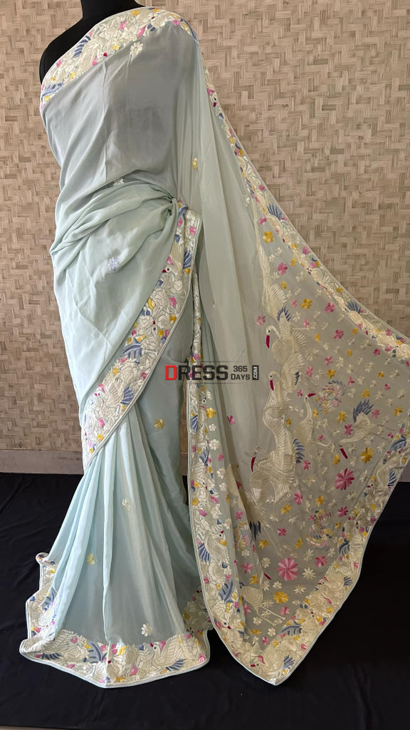 Mint Green Crepe Silk Parsi Gara Saree Parsi Gara Saree