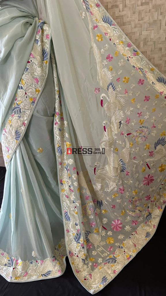Mint Green Crepe Silk Parsi Gara Saree Parsi Gara Saree