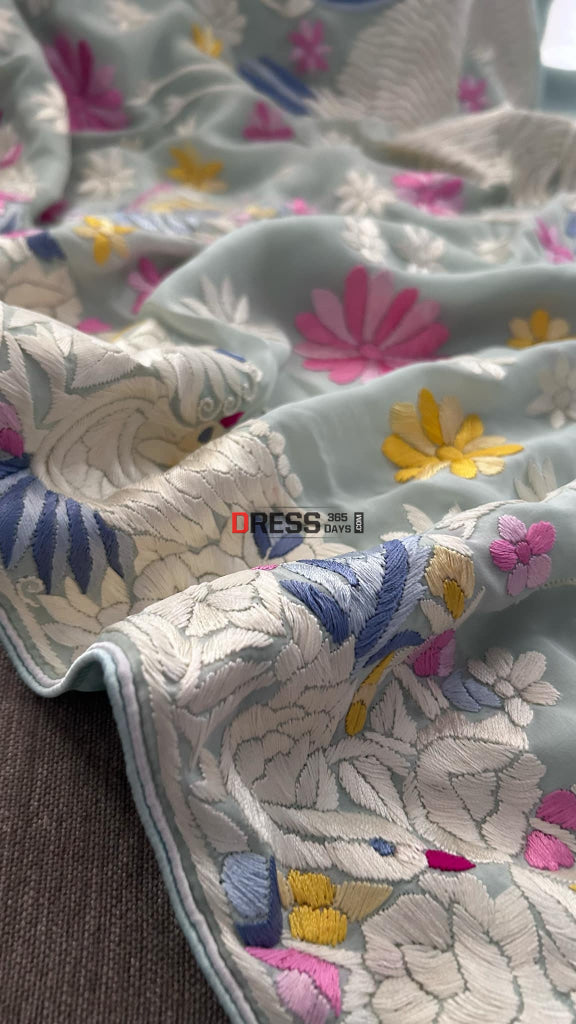 Mint Green Crepe Silk Parsi Gara Saree Parsi Gara Saree