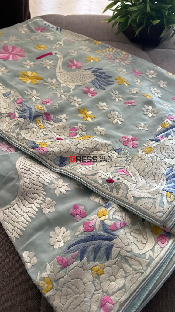 Mint Green Crepe Silk Parsi Gara Saree Parsi Gara Saree