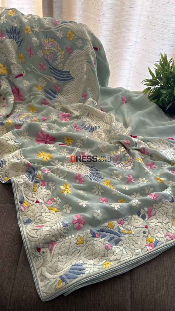 Mint Green Crepe Silk Parsi Gara Saree Parsi Gara Saree