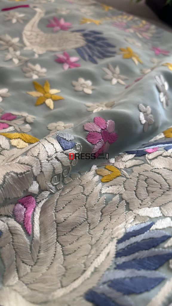 Mint Green Crepe Silk Parsi Gara Saree Parsi Gara Saree