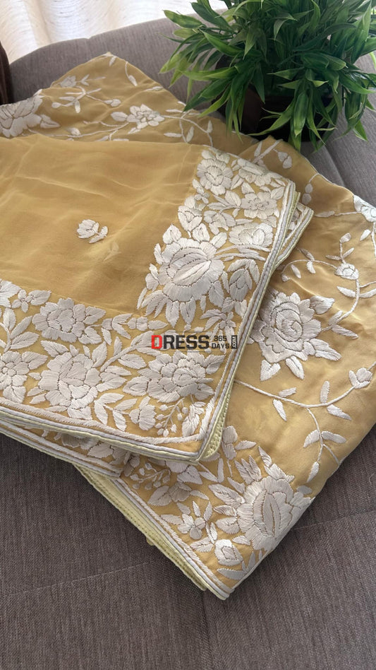 Mustard Yellow Floral Parsi Gara Suit (Three Piece) Parsi Gara Suits
