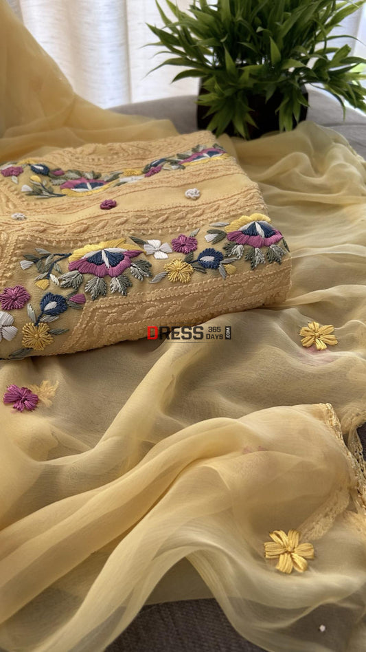 Mustard Yellow Parsi Gara Chikankari Suit Suits