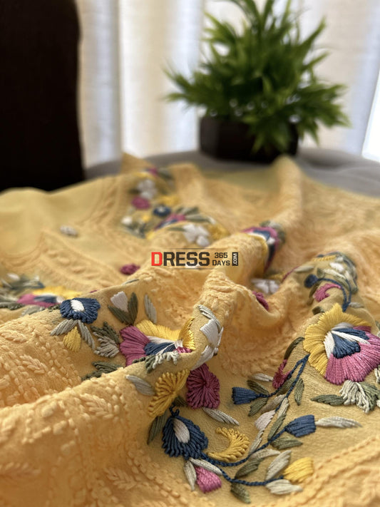 Mustard Yellow Parsi Gara Chikankari Suit Suits