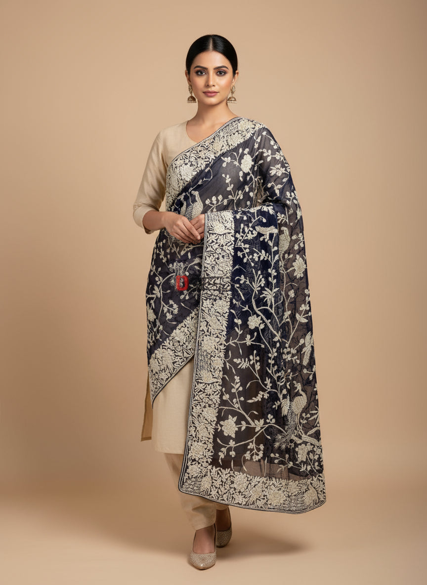Navy Blue and Ivory Parsi Work Hand Embroidered Dupatta