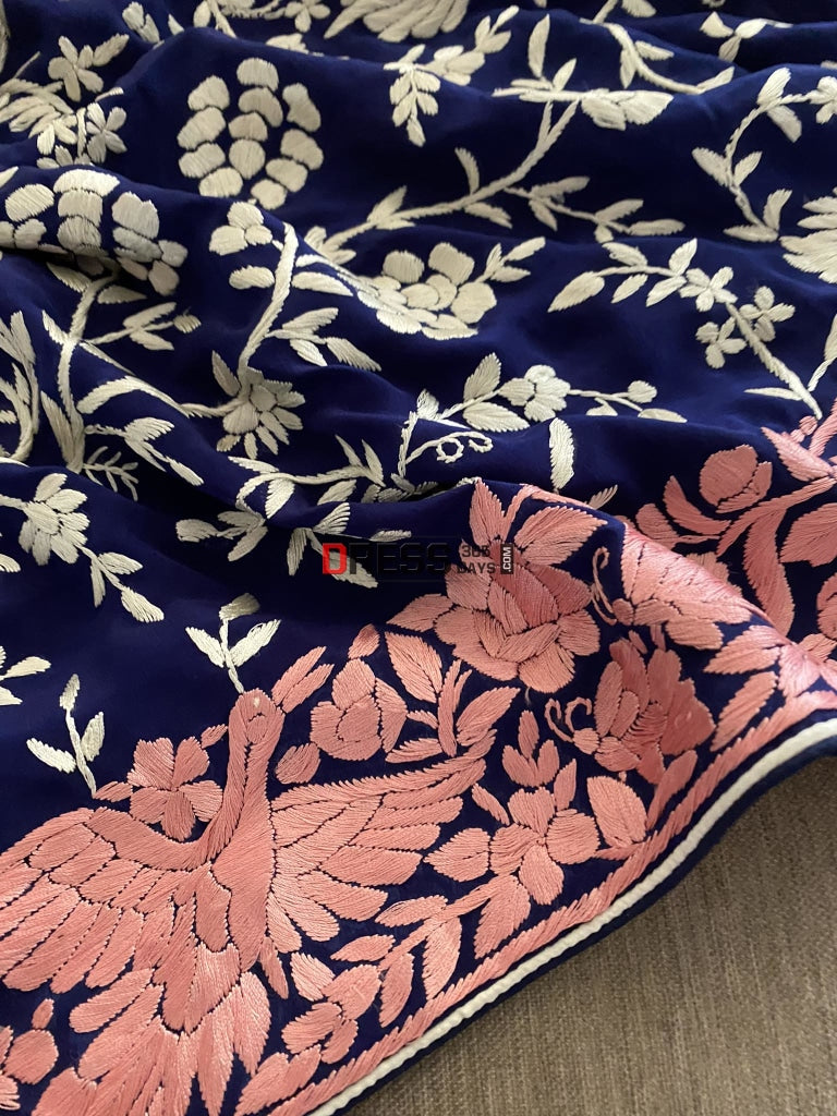 Navy Blue & Pink Border Parsi Gara Dupatta