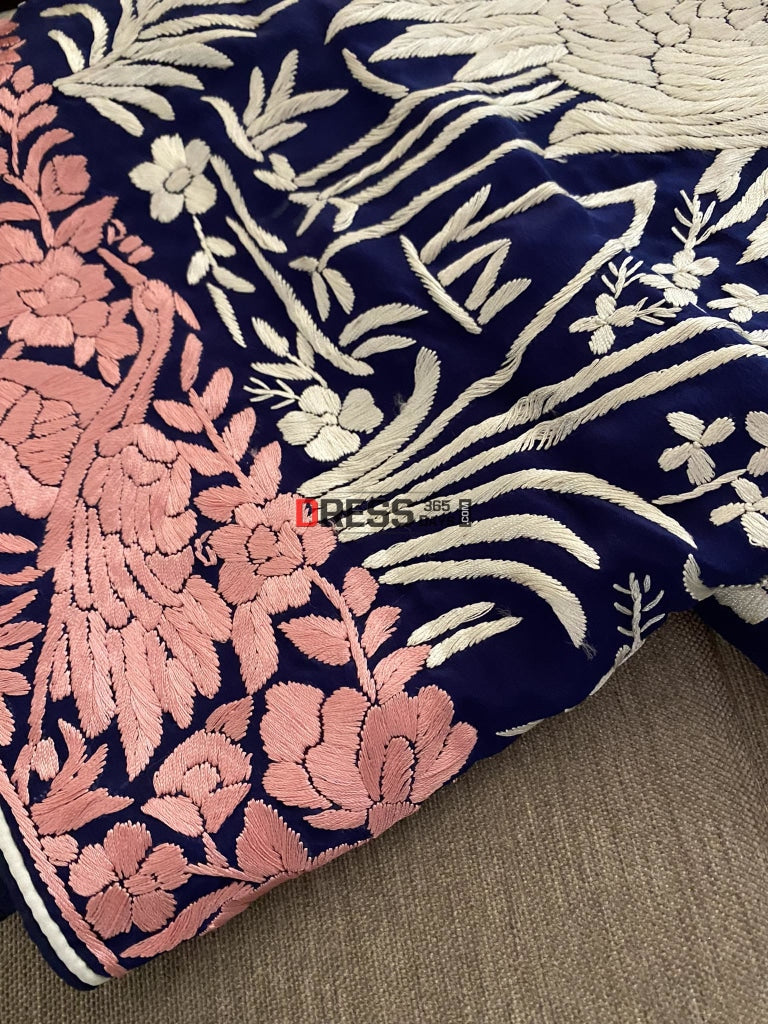 Navy Blue & Pink Border Parsi Gara Dupatta