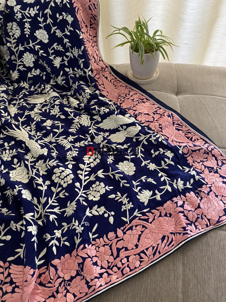 Navy Blue & Pink Border Parsi Gara Dupatta