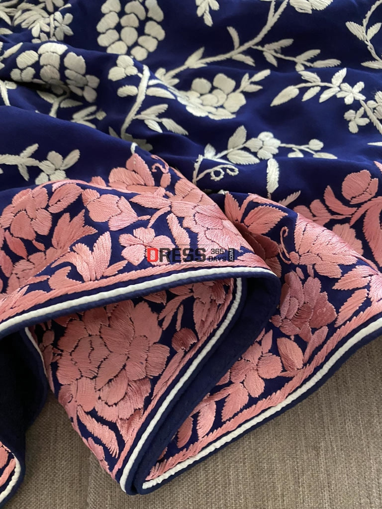 Navy Blue & Pink Border Parsi Gara Dupatta