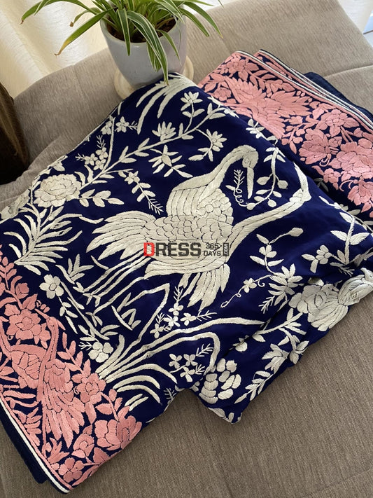 Navy Blue & Pink Border Parsi Gara Dupatta