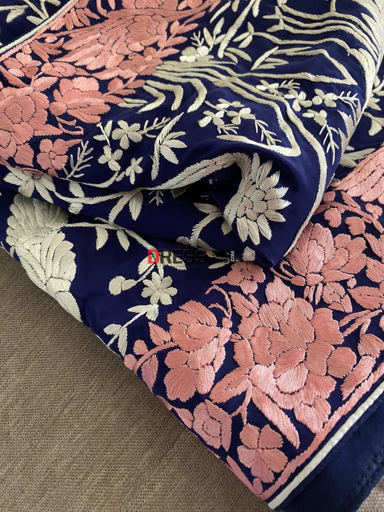 Navy Blue & Pink Border Parsi Gara Dupatta