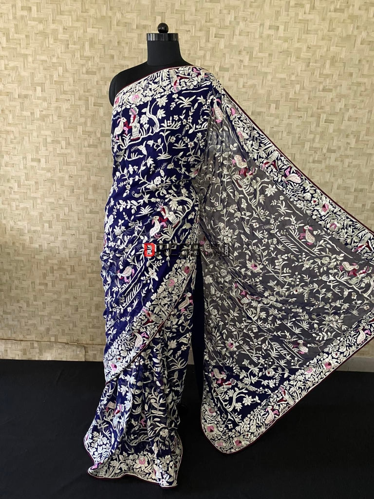 Navy Fine Embroidery Parsi Gara Saree