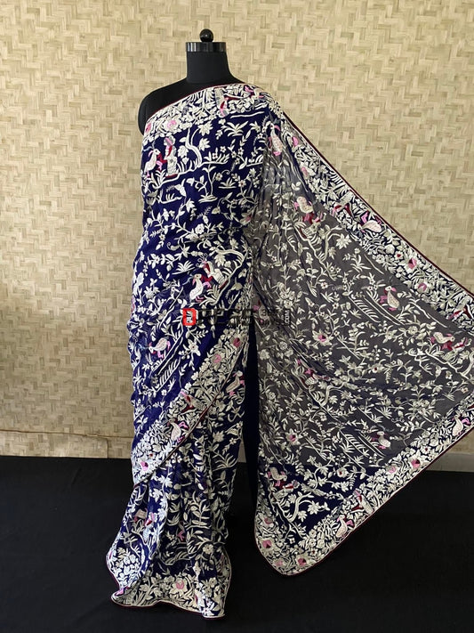 Navy Fine Embroidery Parsi Gara Saree