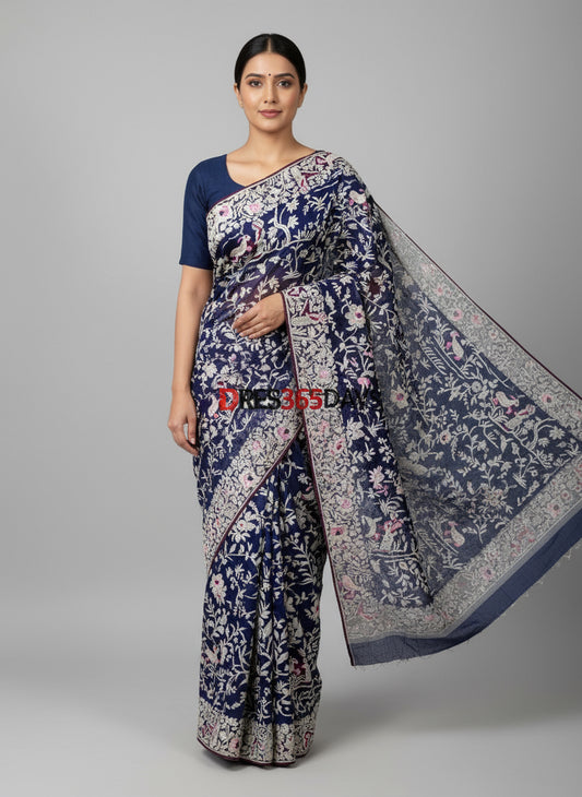 Navy Fine Embroidery Parsi Gara Saree