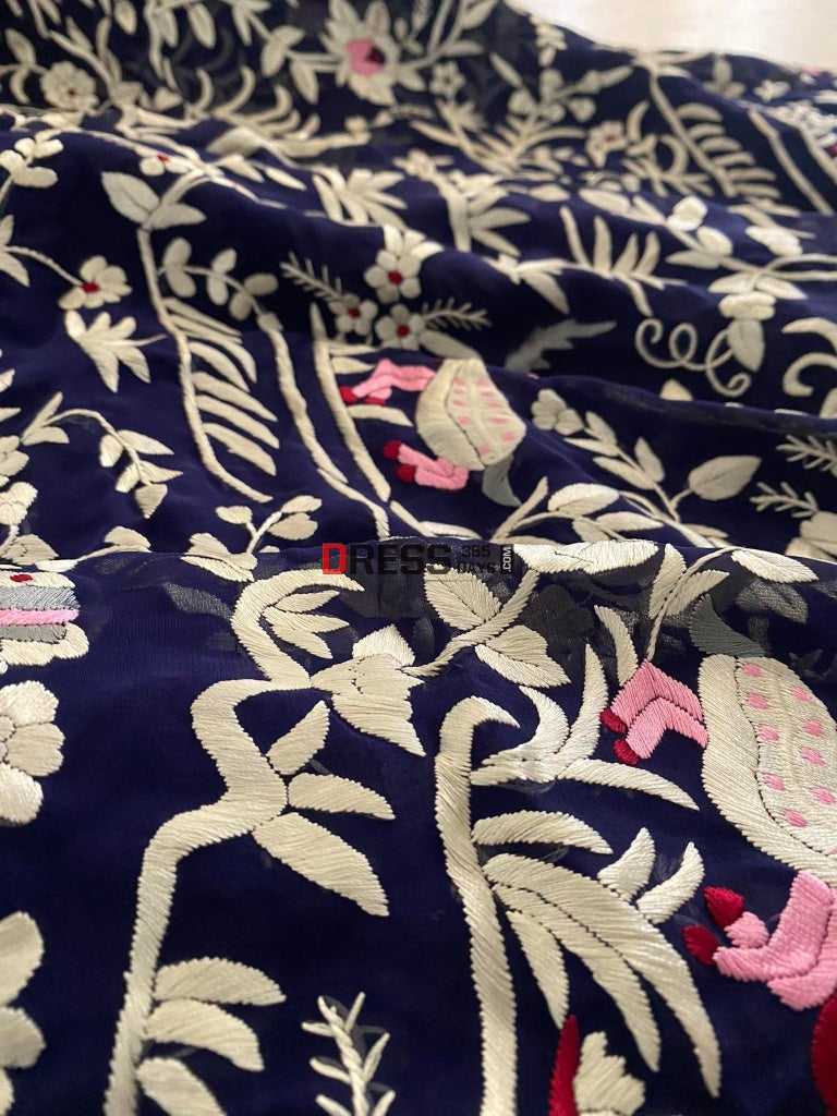 Navy Fine Embroidery Parsi Gara Saree