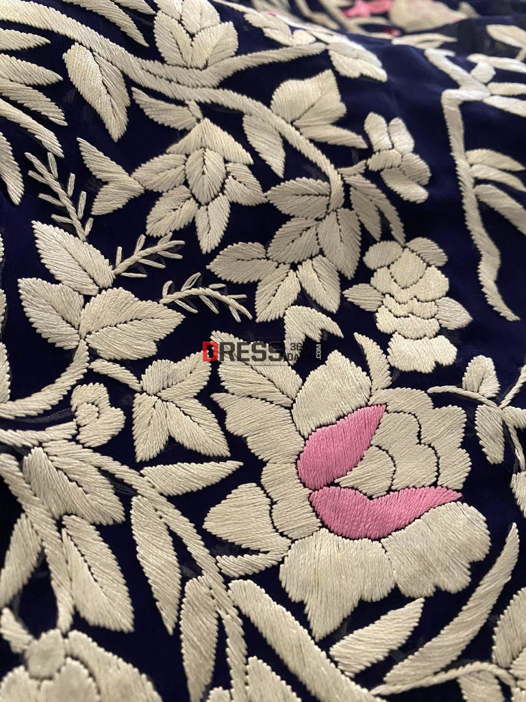 Navy Fine Embroidery Parsi Gara Saree