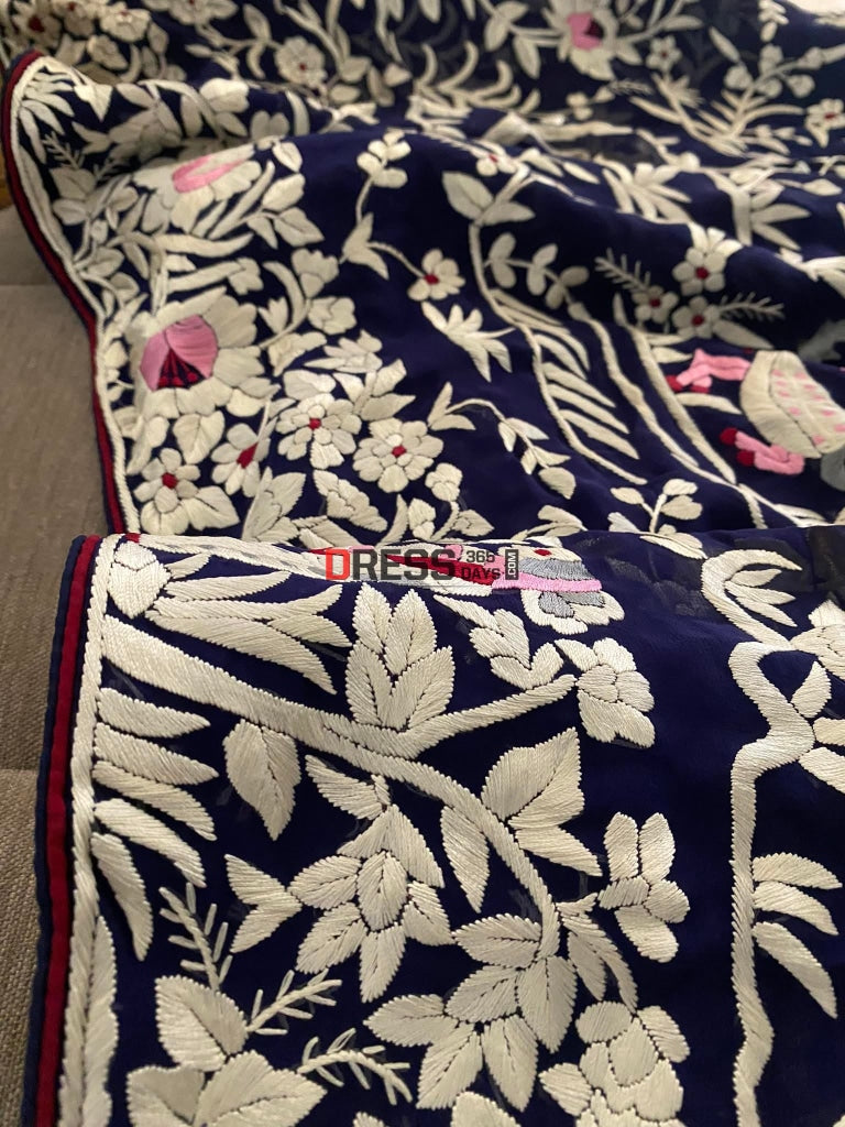 Navy Fine Embroidery Parsi Gara Saree