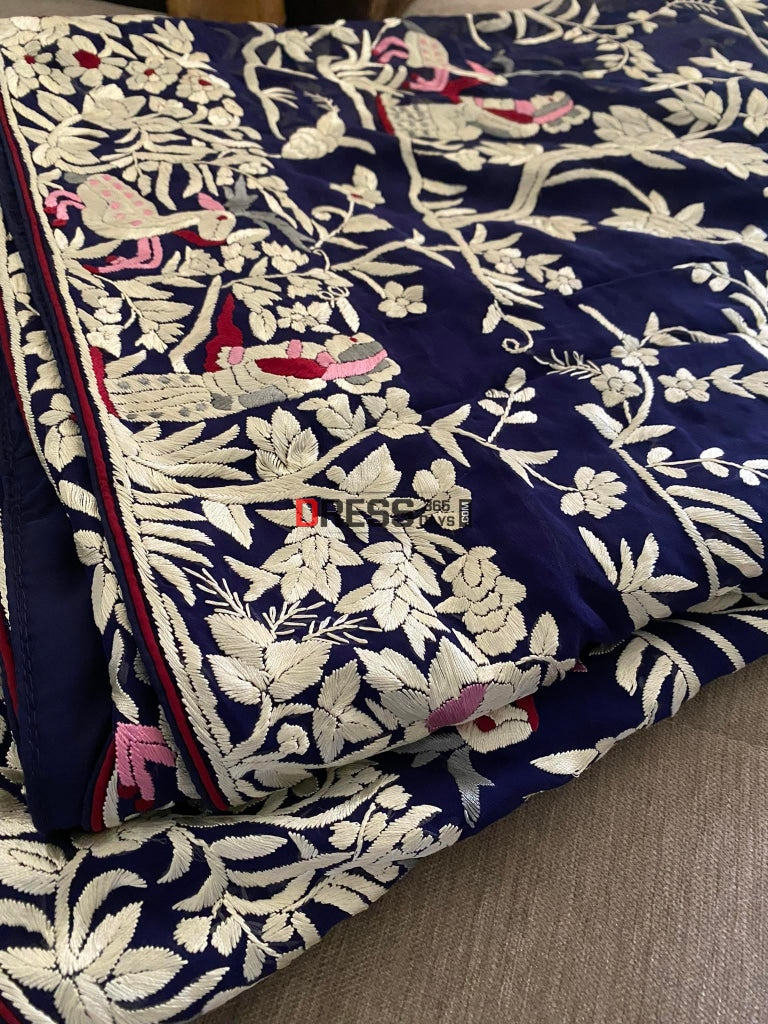 Navy Fine Embroidery Parsi Gara Saree