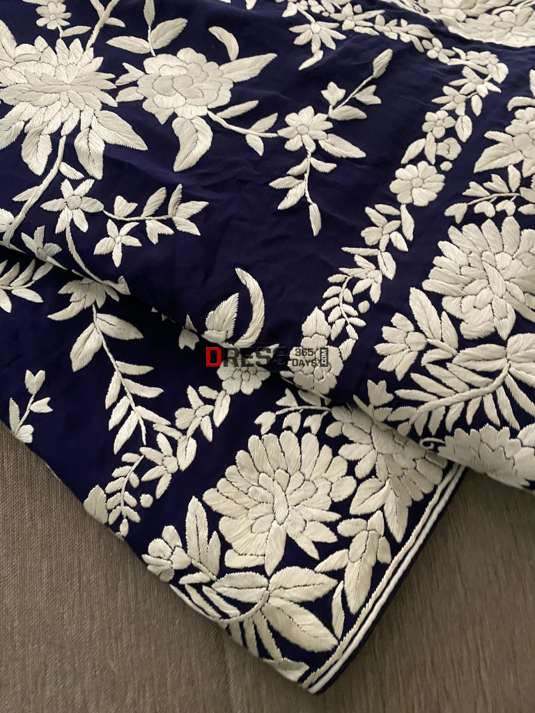 Navy Ivory Floral Parsi Gara Hand Embroidered Saree