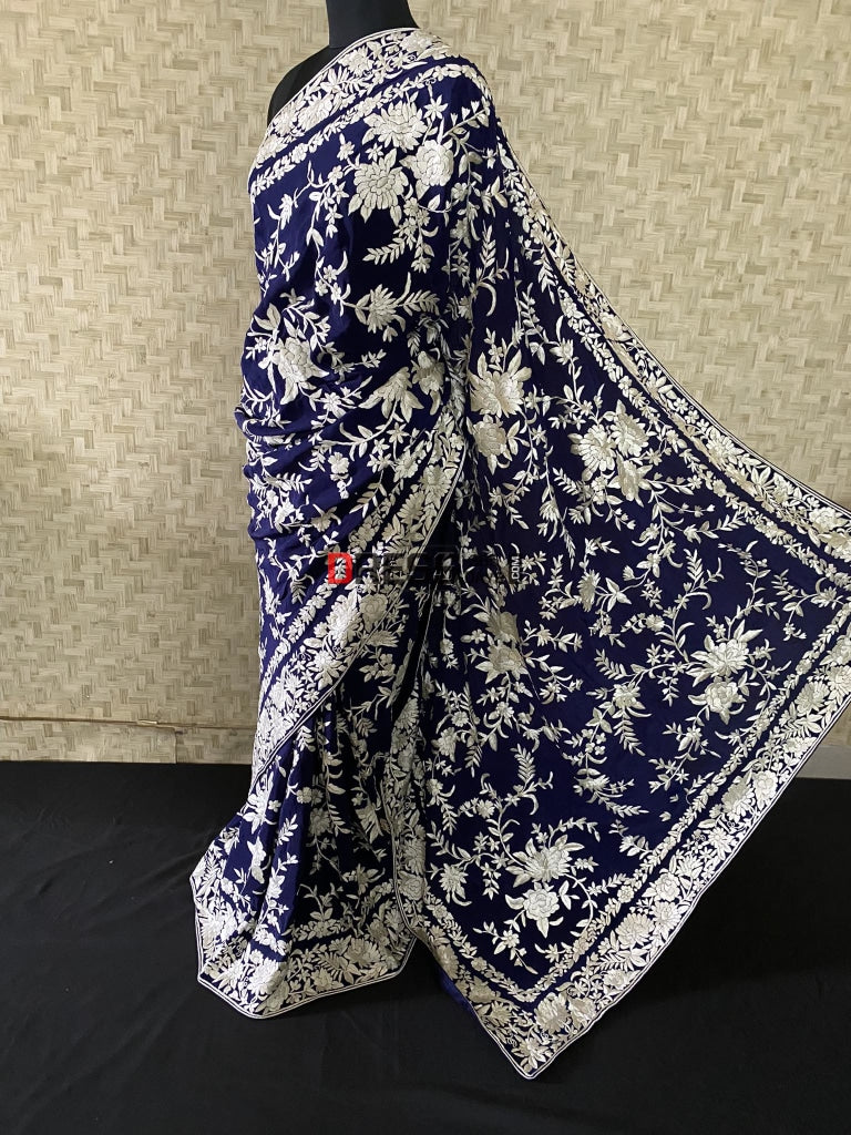 Navy Ivory Floral Parsi Gara Hand Embroidered Saree