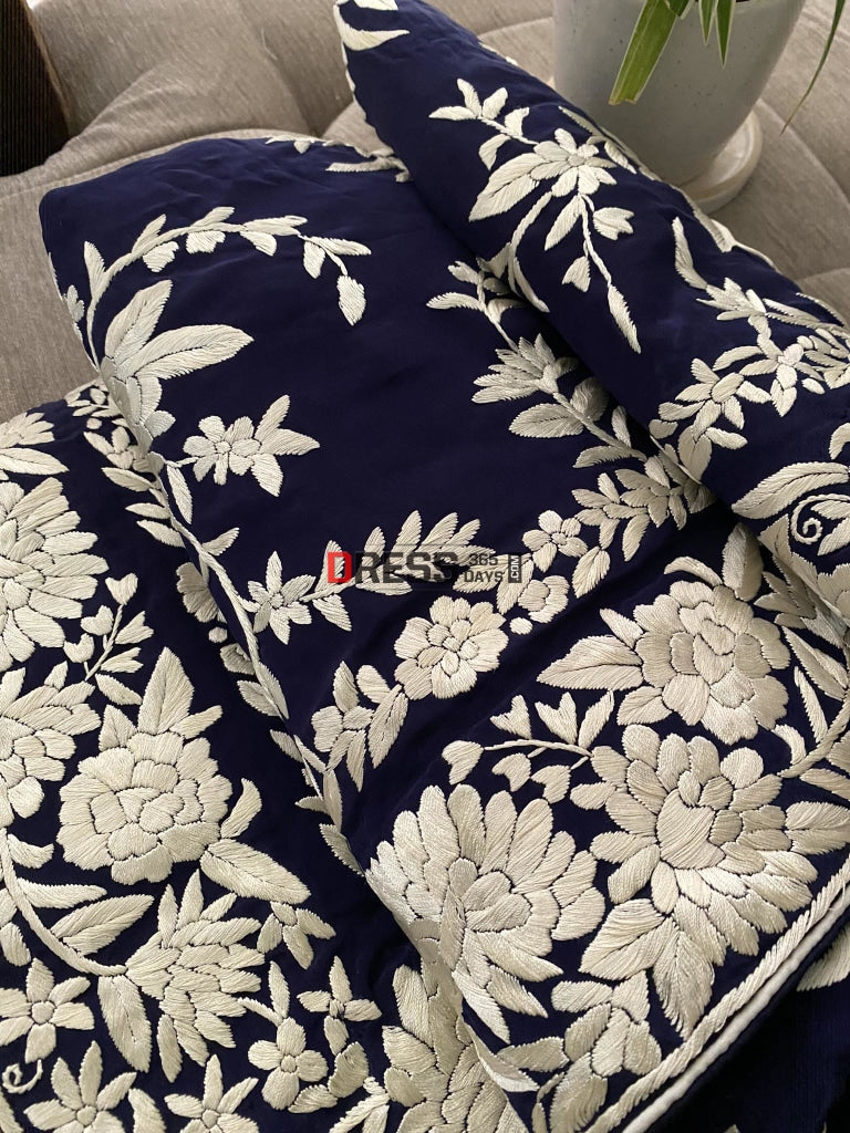 Navy Ivory Floral Parsi Gara Hand Embroidered Saree