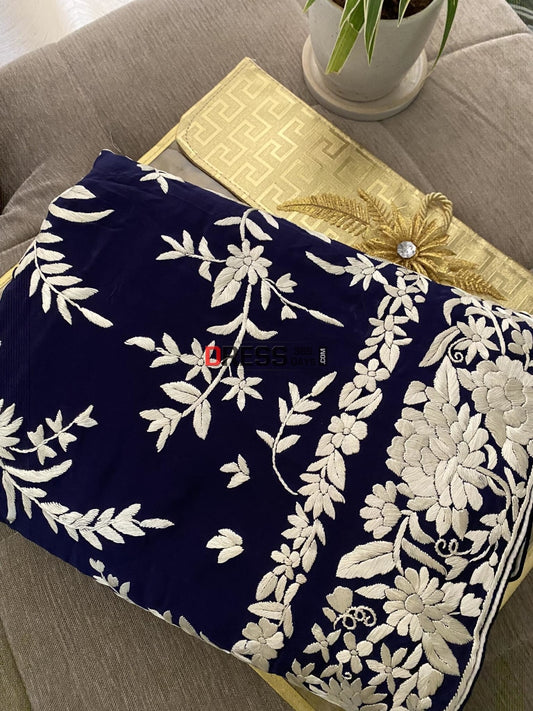 Navy Ivory Floral Parsi Gara Hand Embroidered Saree