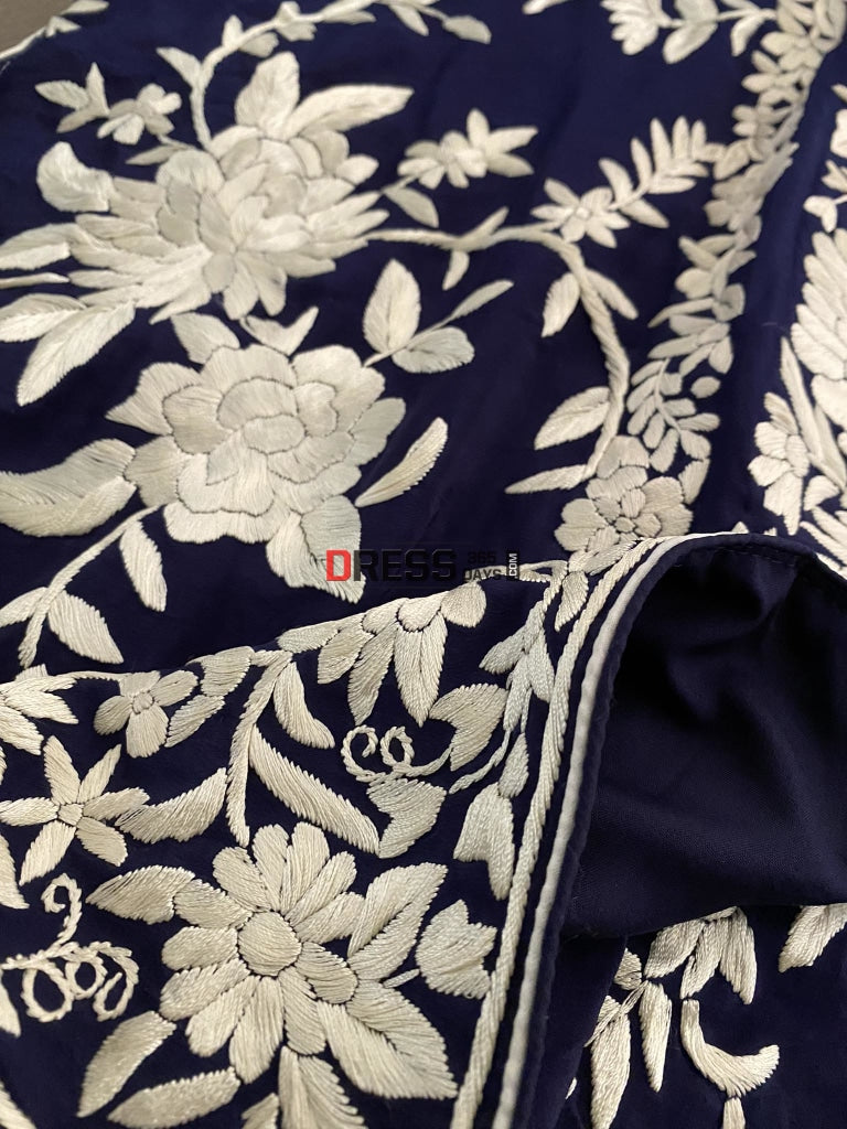 Navy Ivory Floral Parsi Gara Hand Embroidered Saree