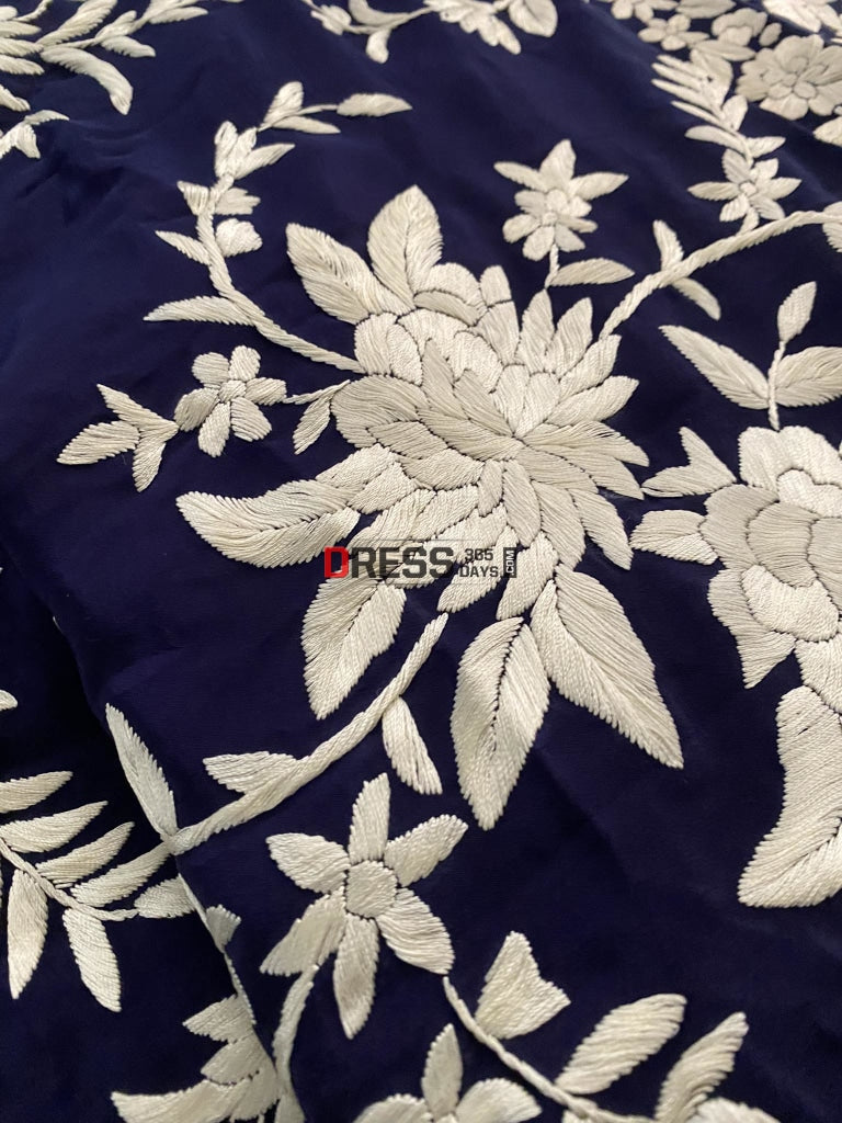 Navy Ivory Floral Parsi Gara Hand Embroidered Saree