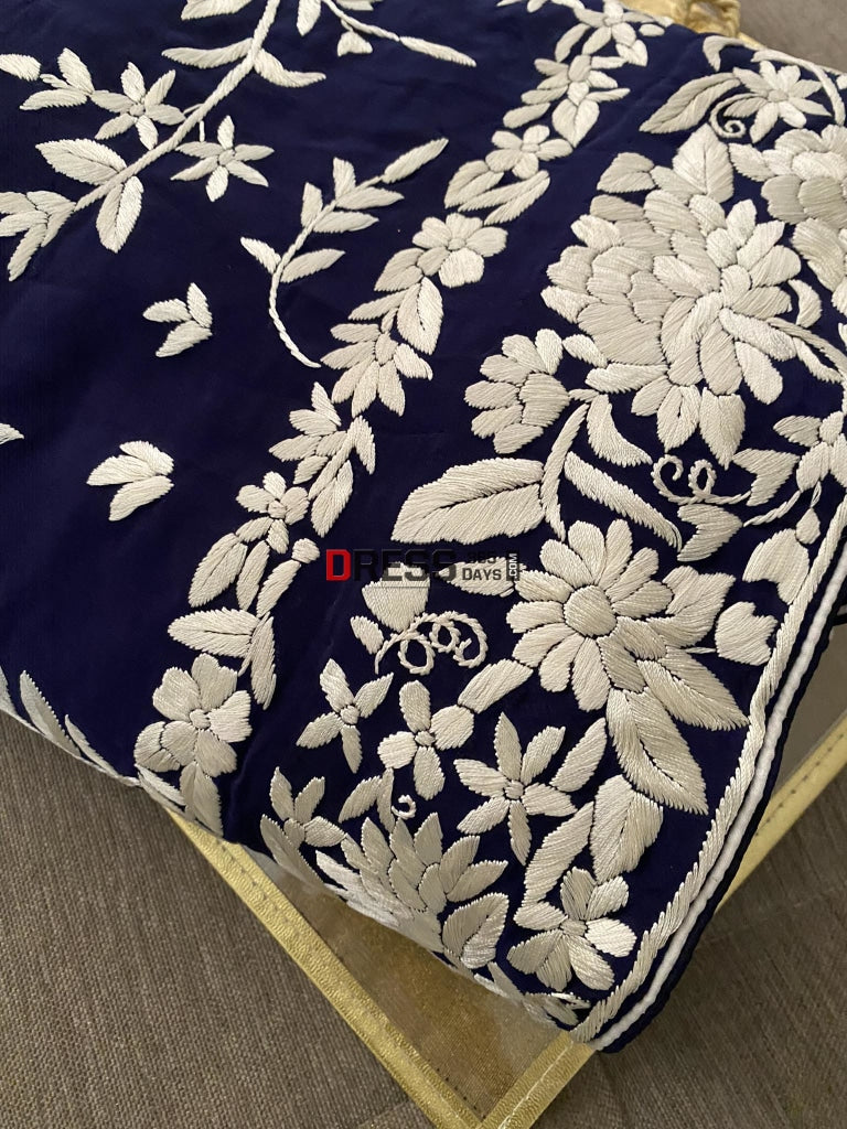 Navy Ivory Floral Parsi Gara Hand Embroidered Saree