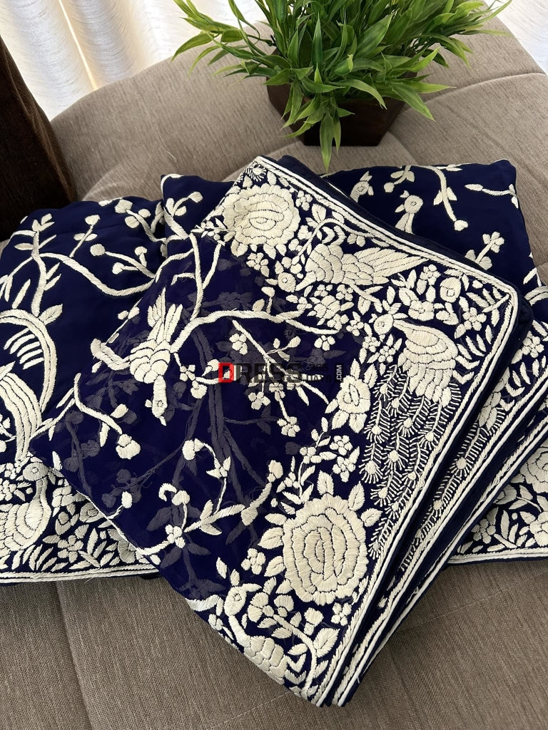 Navy Ivory Hand Embroidered Parsi Gara Suit (Three Piece) Suits