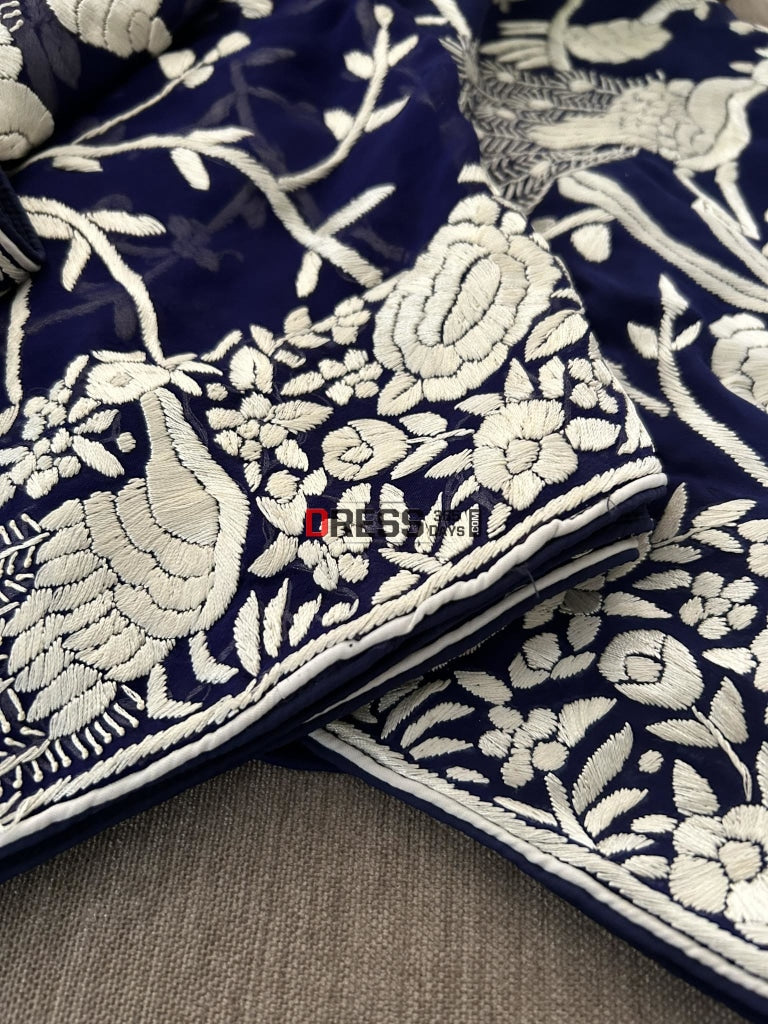 Navy Ivory Hand Embroidered Parsi Gara Suit (Three Piece) Suits