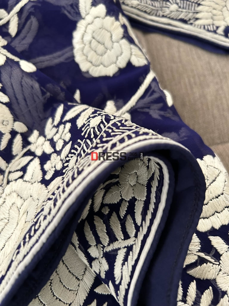 Navy Ivory Hand Embroidered Parsi Gara Suit (Three Piece) Suits