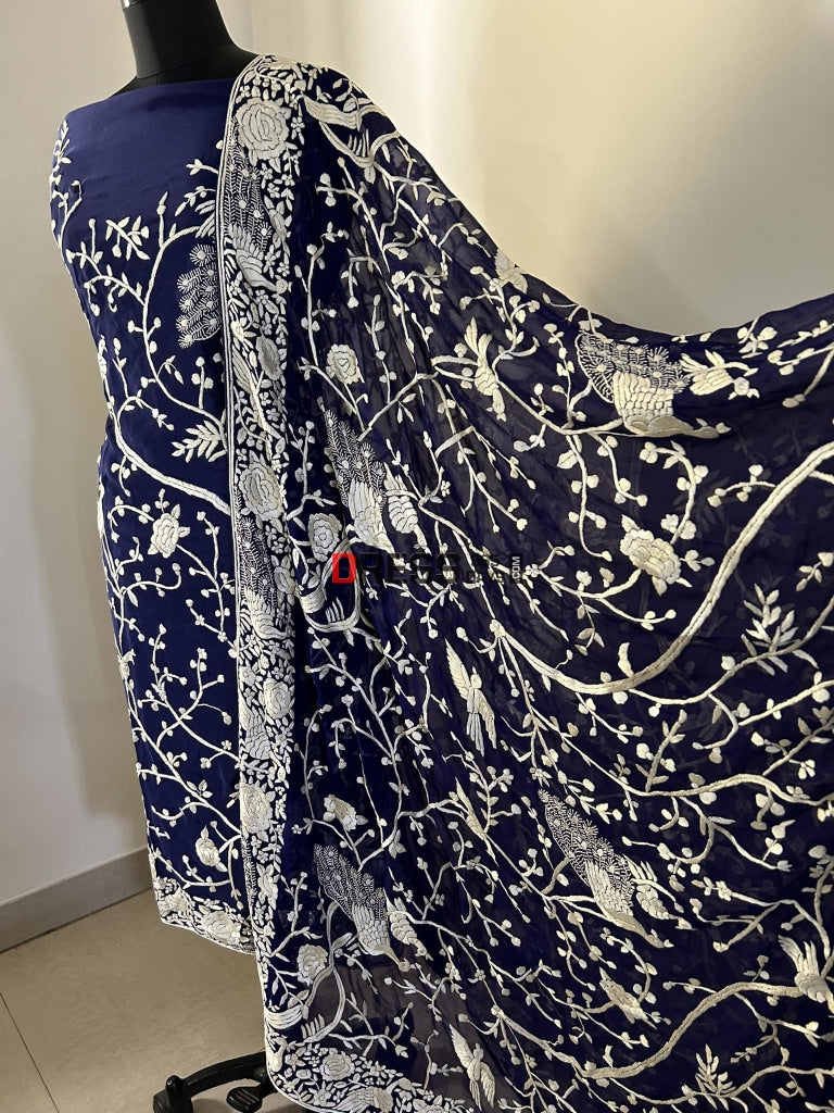 Navy Ivory Hand Embroidered Parsi Gara Suit (Three Piece) Suits