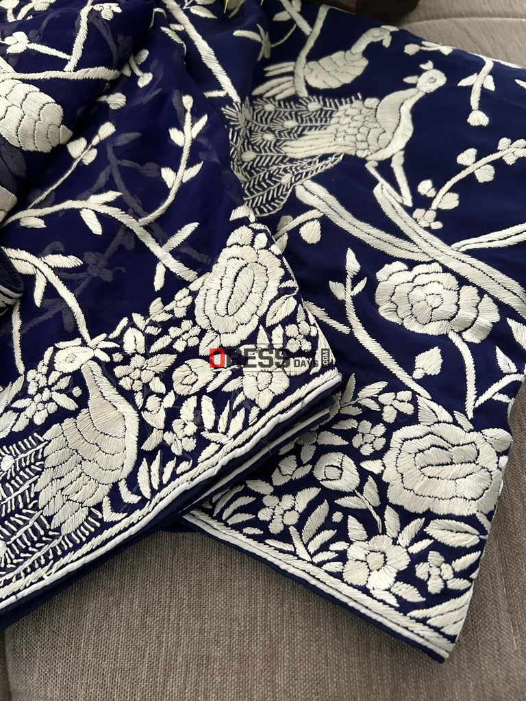 Navy Ivory Hand Embroidered Parsi Gara Suit (Three Piece) Suits