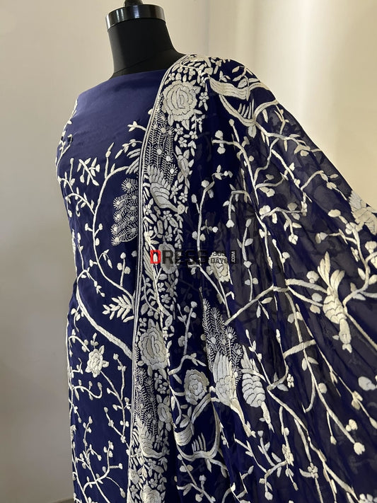 Navy Ivory Hand Embroidered Parsi Gara Suit (Three Piece) Suits