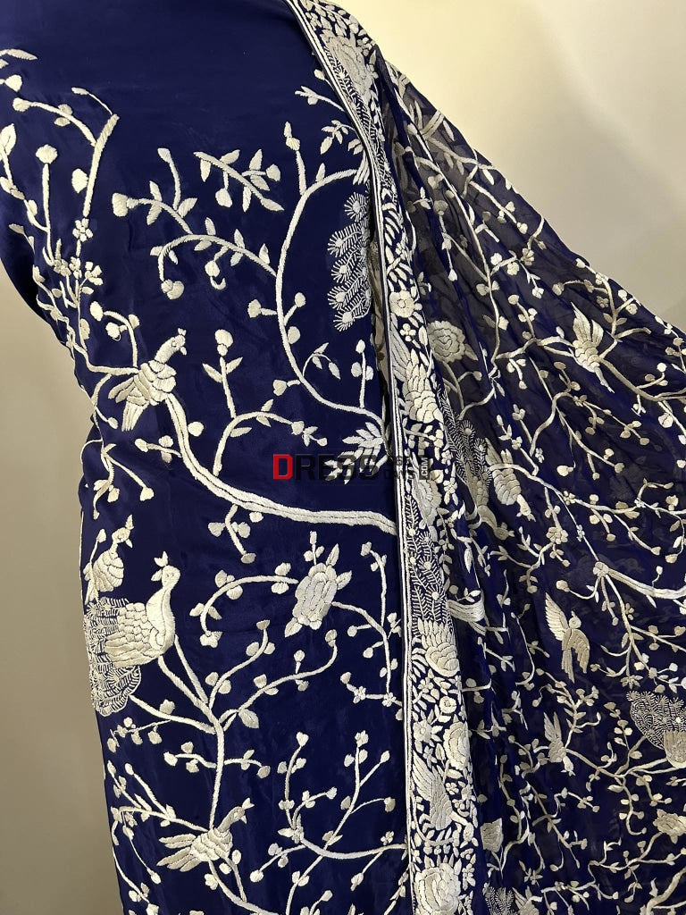 Navy Ivory Hand Embroidered Parsi Gara Suit (Three Piece) Suits