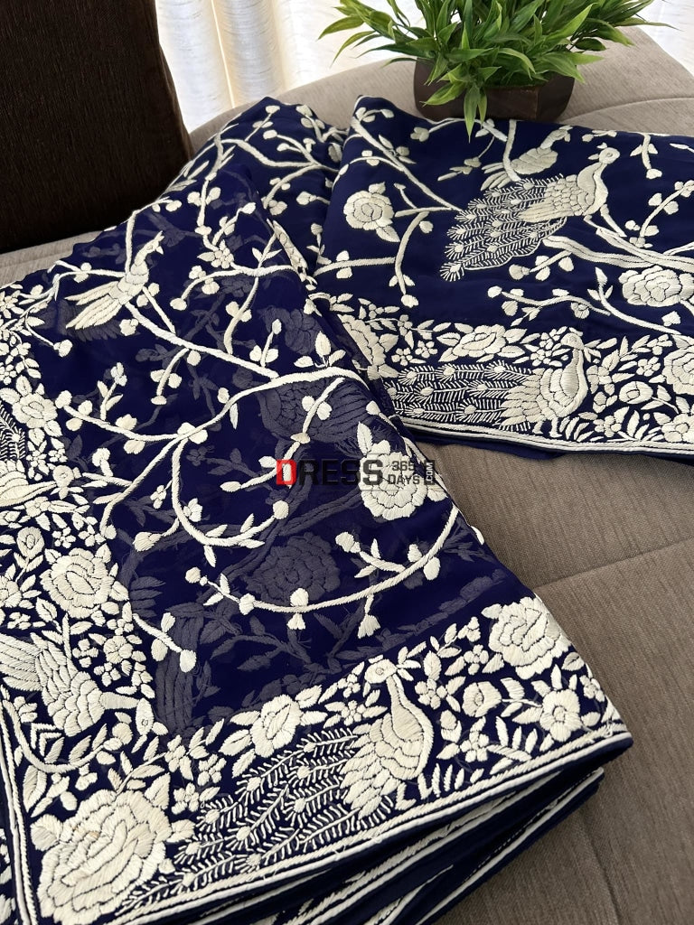 Navy Ivory Hand Embroidered Parsi Gara Suit (Three Piece) Suits