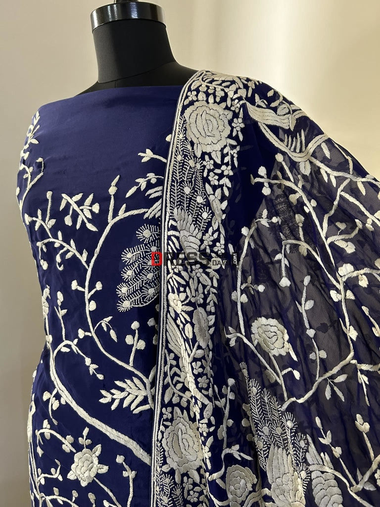Navy Ivory Hand Embroidered Parsi Gara Suit (Three Piece) Suits
