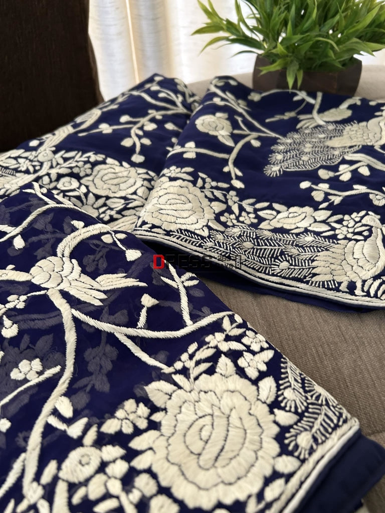 Navy Ivory Hand Embroidered Parsi Gara Suit (Three Piece) Suits