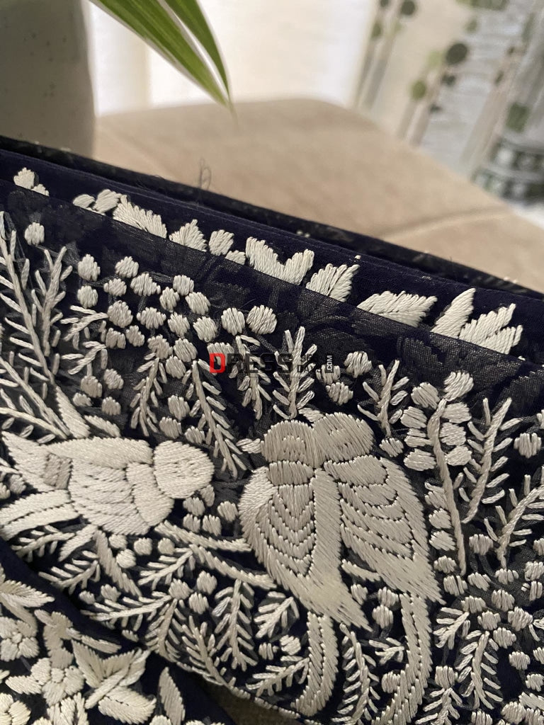 Navy & Ivory Parsi Gara Hand Embroidered Border