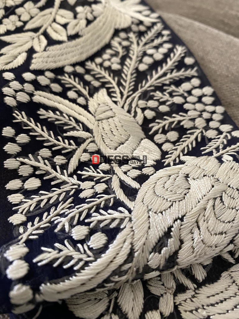 Navy & Ivory Parsi Gara Hand Embroidered Border