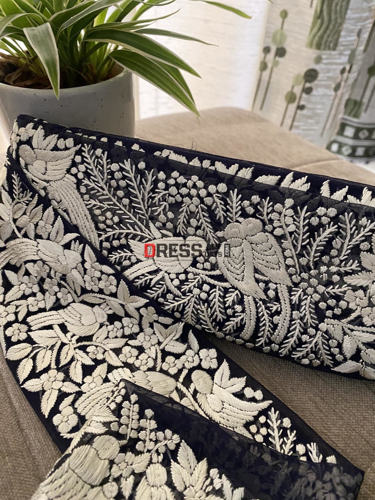 Navy & Ivory Parsi Gara Hand Embroidered Border