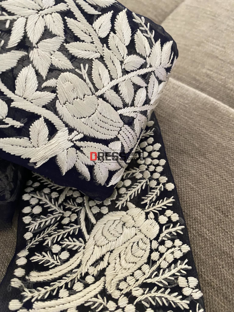 Navy & Ivory Parsi Gara Hand Embroidered Border