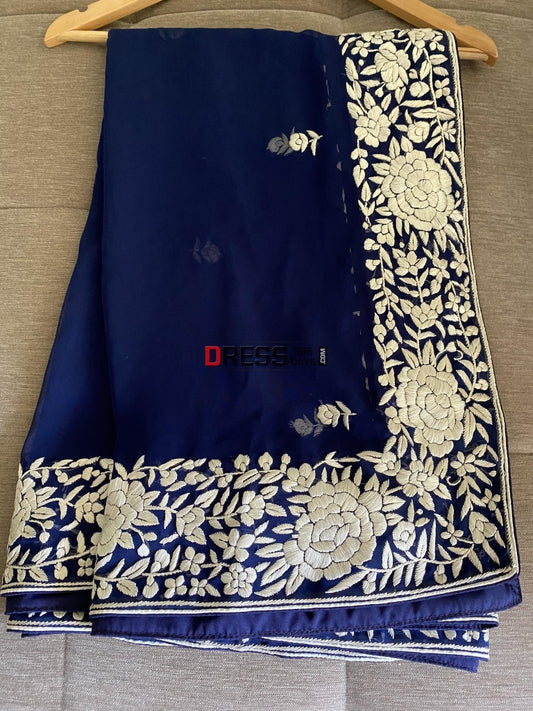 Navy Ivory Parsi Gara Hand Embroidered Dupatta
