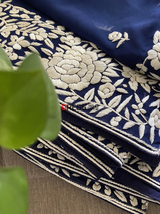 Navy Ivory Parsi Gara Hand Embroidered Dupatta