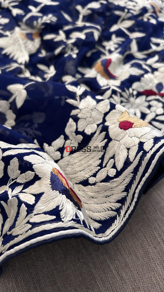 Navy Multicolour Parsi Gara Hand Embroidered Dupatta